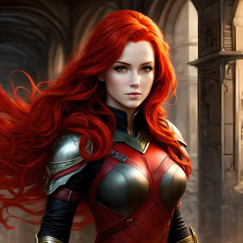 a woman with (red hair), classic heroism style, looking fixedly at the camera, classic heroism style, fantasy, great UHD quality, realistic style.