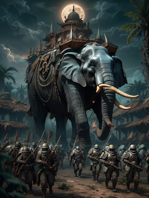 cinematic scene of an army of fierce ancient military loxodonta cyclotis elephant troops marching towards an ancient city, at ni...