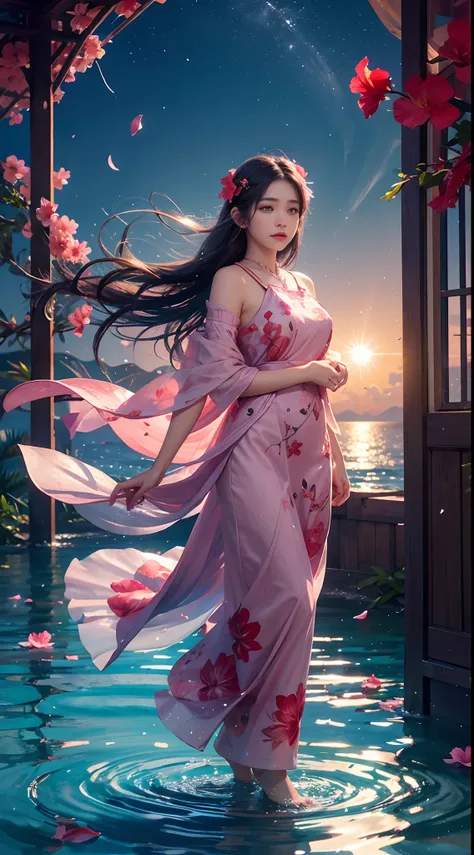 hibiscus Moon with water drops，neonlight，Random background，sunraise，bokha mood，A girl with long flowing hair，The petals fall in the wind，Nikon photo effect