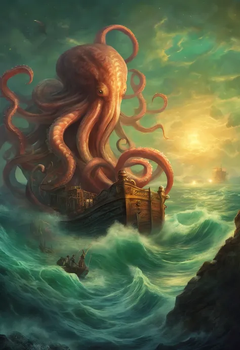 polvo atacando um navio no oceano com um navio ao fundo, An album cover by Lovecraft, Shutterstock, Surrealismo, Lula de Cthulhu, mixture of tentacle creatures, Cthulhu subindo do oceano, foto de cthulhu, leviathan cthulhu squid, Cthulu, Criatura marinha l...