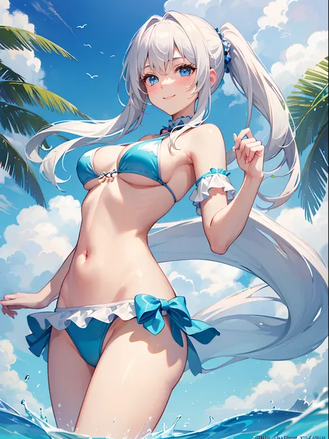 ((4K, ​master piece, Best Quality)), 1girl in, Medium White Hair, Beautiful sky blue eyes, Pony tail, Swimsuit, bikini of, at noon,  Cute, blush, medium breasts⁩, Smile