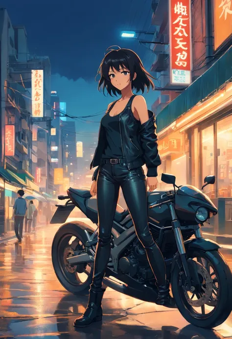 1girl, tan skin, long black hair, brown eyes, wearing black tank top, wearing leather jacket, black leather pants, standing next to motorcycle, at night, black leather boots, holloween, city street, ground wet from rain, fall, night time, neon sign in back...