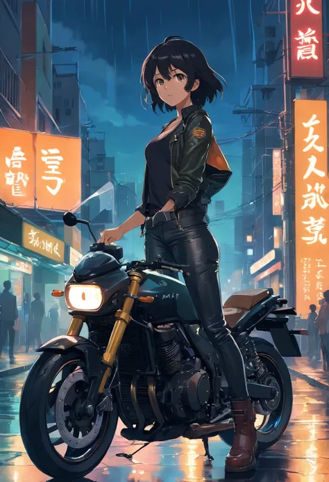 1girl, tan skin, long black hair, brown eyes, wearing black tank top, wearing leather jacket, black leather pants, standing next to motorcycle, at night, black leather boots, holloween, city street, ground wet from rain, fall, night time, neon sign in back...