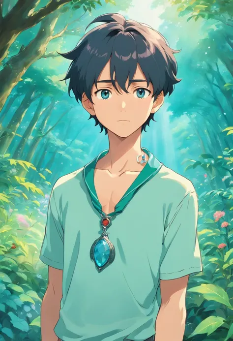 Boy in an anime collar, Long necklace, In the style of a tranquil garden landscape, colorful animation stills, Masami Teraoka, aquamarine, paul gauguin, Embry style, Honest portrayal、rightward