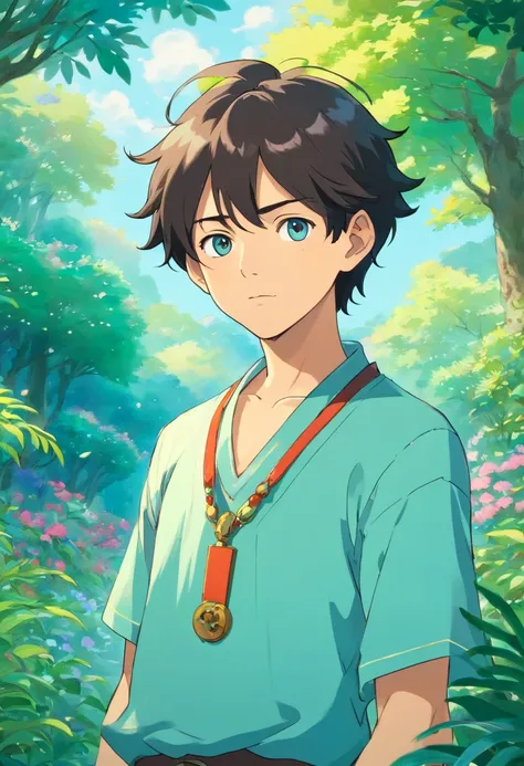 Boy in an anime collar, Long necklace, In the style of a tranquil garden landscape, colorful animation stills, Masami Teraoka, aquamarine, paul gauguin, Embry style, Honest portrayal、rightward