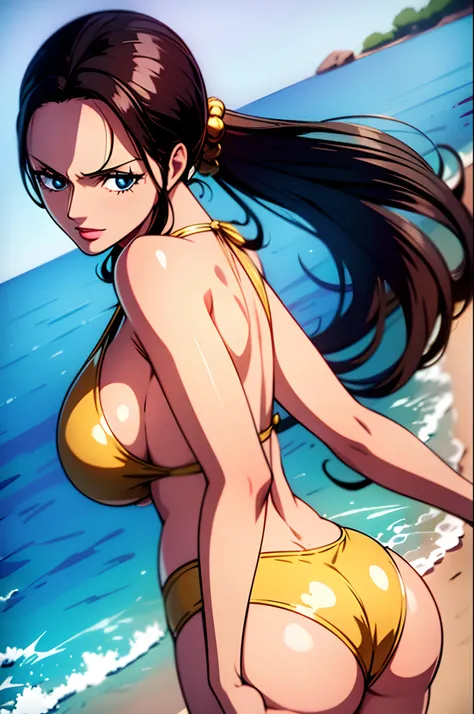 Nico Robin from One Piece wearing a gold bikini, black hair, blue eyes, puffy red lips, showing the ass, big ass, big boobs, back veiw, 8k, perfect quality.