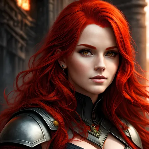 a woman with (red hair), classic heroism style, looking fixedly at the camera, classic heroism style, fantasy, great UHD quality, realistic style.