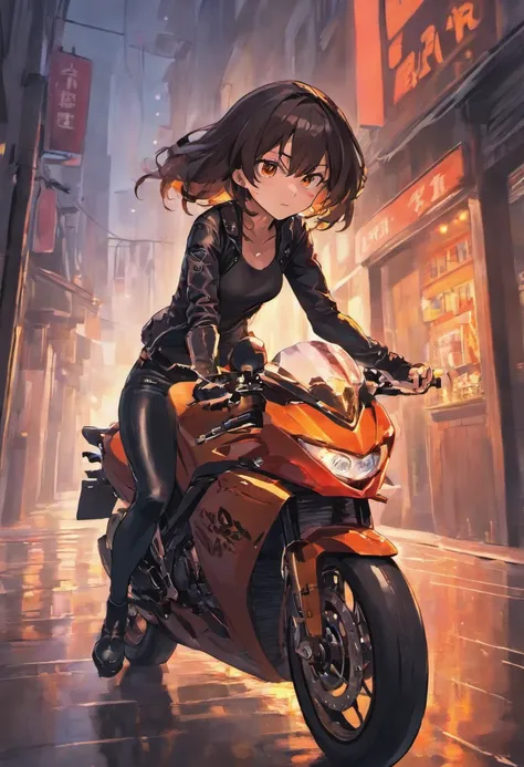 1girl, tan skin, long black hair, brown eyes, wearing black tank top, wearing leather jacket, black leather pants, sitting on motorcycle, at night, black leather boots, holloween, city street, ground wet from rain, fall, night time, neon sign in background...