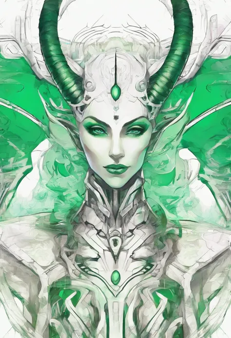 hand drawn sketch illustration of a beautiful tiefling with white hair, green eyes, symmetrical dragon horns, illustration, watercolor sketch, (best quality)), intricate detailed,