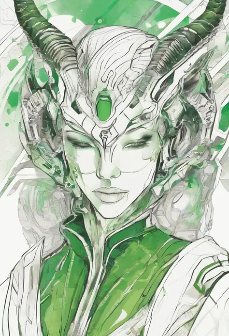 hand drawn sketch illustration of a beautiful tiefling with white hair, green eyes, symmetrical dragon horns, illustration, watercolor sketch, (best quality)), intricate detailed,