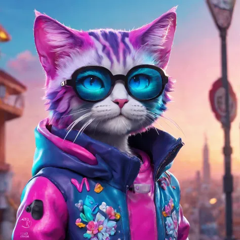 In a whimsical kawaii cafe, Kitten Fluffy, crafted from highly detailed curling, thin glowing multi-colored smoke, dons a rose flower hoodie and fancy funny stylish giant shiny sunglasses. Against a backdrop of vibrant neon typography spelling VIKUSIA, FAI...