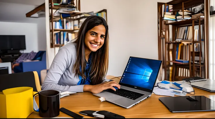 crie uma imagem de um estudante loira, aroximadamente 30 anos, na frente de um notebook, sorridente, ao fundo um quarto de menina com uma janela mostrando dia ensolarado,