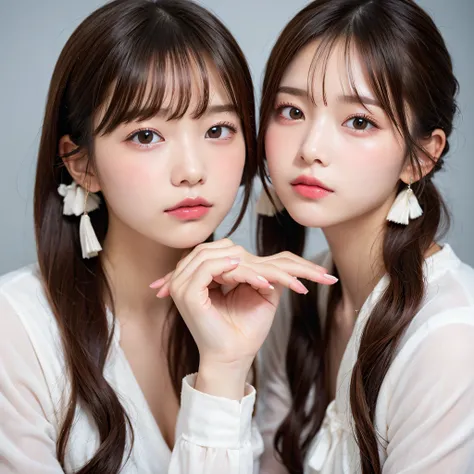 17 age, 2girls, White clothes, Twintail hairstyles,up of face、Glossy lips