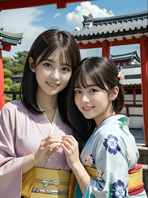 (Close up portrait of 2 girl with dull bangs dumpling hair in beautiful colorful kimono:1.5)、(Two  girls worshipping the shrine of Japan with a smile:1.3)、(A shrine in Japan with a winter sky:1.5)、(Perfect Anatomy:1.3)、(No mask:1.3)、(complete fingers:1.3)、...