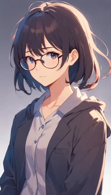 16 yaers old，Libido boy，Shota，black color hair，wears glasses，Square frame glasses，gloomily，contemplative，black black jacket，White color blouse，long whitr hair，with long bangs，messed up hair，without background，sketching