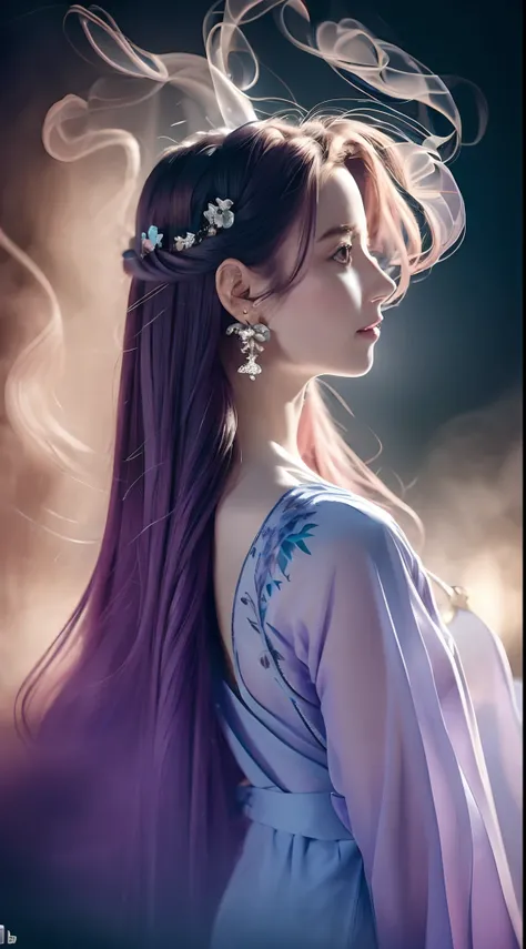 Long lavender hair,bell,pale blue color eyes,Red floral tattoo,Crystal earrings,Quidom,(surrealism:1.1),(Cinematic lighting:1.05),(reflective light:1.1),(Letterbox format:1.15),(profile:1.05),(From behind:1.1),超高分辨率,Masterpiece:1.2,Highly detailed，Fuzzy dr...