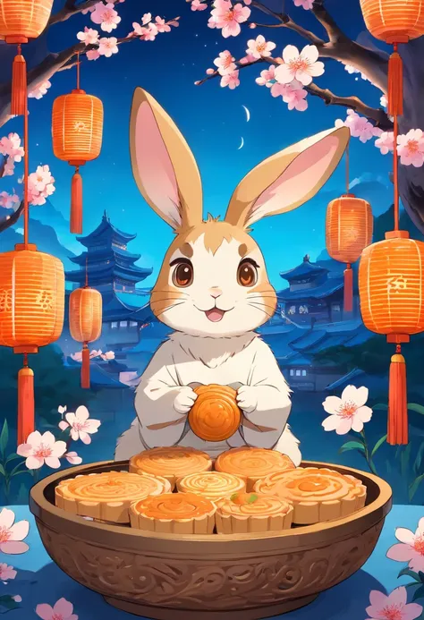 Delicious mooncakes，adorable rabbit，Holding mooncakes，Blue and white porcelain bowl，peach blossom，lanterns，large moon，mid-autumn festival