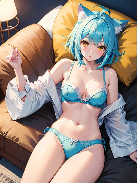 ((4K,masutepiece,Best Quality)),an extremely cute and beautiful girl with cat ears,Beautiful light blue short hair,bangs pinned back,Ahoge,Colored inner hair,Highly detailed beautiful face and yellow eyes,Cute,blush Underwear is visible, Sheer shirt