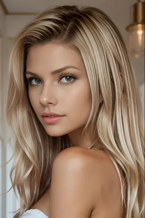 realistic photo of a MyNataLee woman posing in front of the camera, Glamorous photo shoot, very long and straight blonde hair, yeux bleus, beautiful face very thin, very slim, MyNataLee femme, anatomie parfaite, fille en forme, staring into the camera, vue...