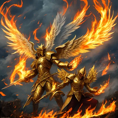 A golden angel with wings spread with a sword of fire in his hand, Voando sobre um campo de batalha sombrio, Dark smoke setting