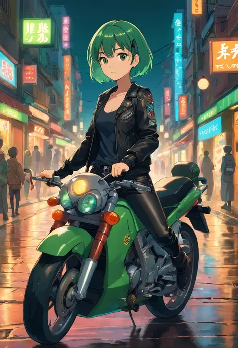 1girl, brown skin, short green hair, brown eyes, wearing black tank top, wearing black_green leather jacket, black leather pants, sitting on motorcycle, at night, black leather boots, city street, ground wet from rain, fall, night time, neon sign in backgr...