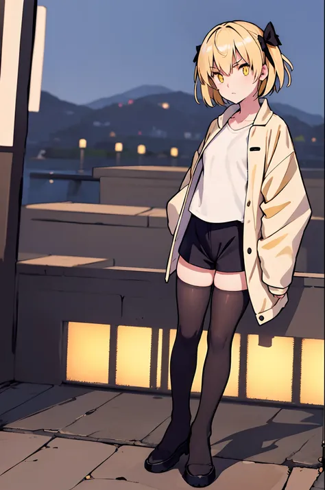 1 girl, young girl, 14yo, solo, small breasts, pale skin, ((serious look, expressionless)), Japanese house in background, (black jacket, beige short trousers), (blonde hair, short hair, red and yellow eyes, blue ribbon, hair ribbon), cold colours, looking ...