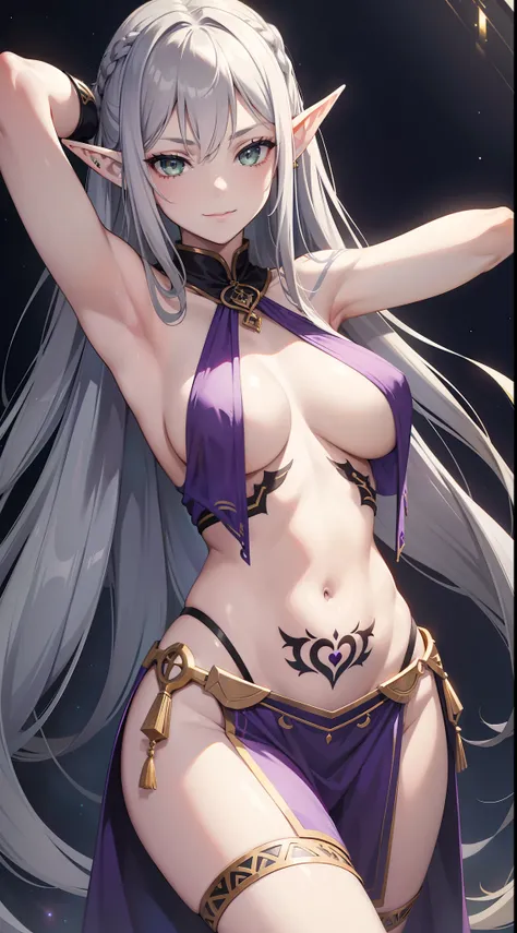 young girl, long gray hair, elf ears, Green eyes, smirk, tattoo, purple dress, Gold Elements, Sexy, Sleeveless, open breasts, nipples, open belly, feet shoulder-width apart, hands behind head, Masterpiece, hiquality, 4k, HD, Good detail