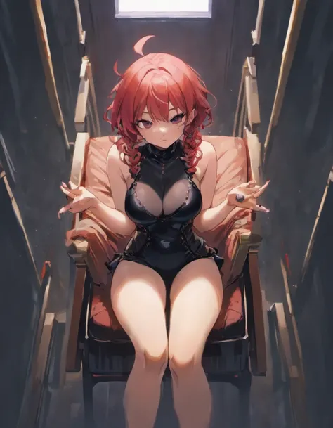 ((1 girlirl)), ((sit on chair)), ((Rope bondage)), ((Place your arms behind your back)), ((Bring your legs together)), ((Bind your legs)), (((Completely bound) )), (helplessness), (Crimson hair, Black hooded coat, Black shirt, Black  shorts, bodystocking),...