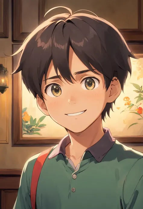 Anime Collar Boy,a smile, colorful animation stills, In a quiet room, A dark-haired, paul gauguin, Parker Cap Style, Honest portrayal,rightward