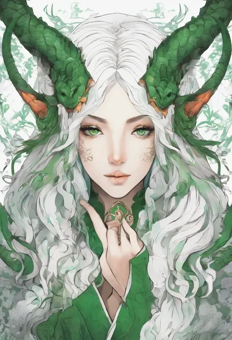 hand drawn sketch illustration of a beautiful tiefling with white hair, green eyes, symmetrical dragon horns, illustration, watercolor sketch, (best quality)), intricate detailed,