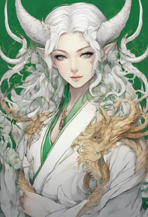 hand drawn sketch illustration of a beautiful tiefling with white hair, green eyes, symmetrical dragon horns, illustration, watercolor sketch, (best quality)), intricate detailed,