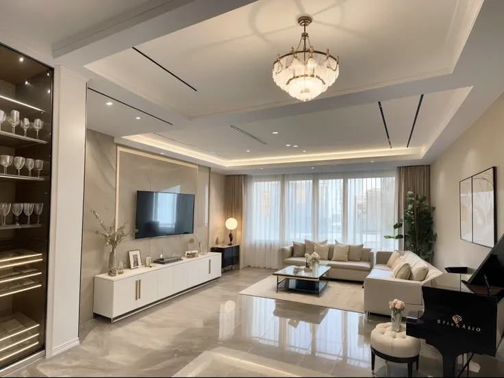 a luxurious chandelier illuminates the entire space as you enter the living room. an immersive sound system envelops the air, fi...