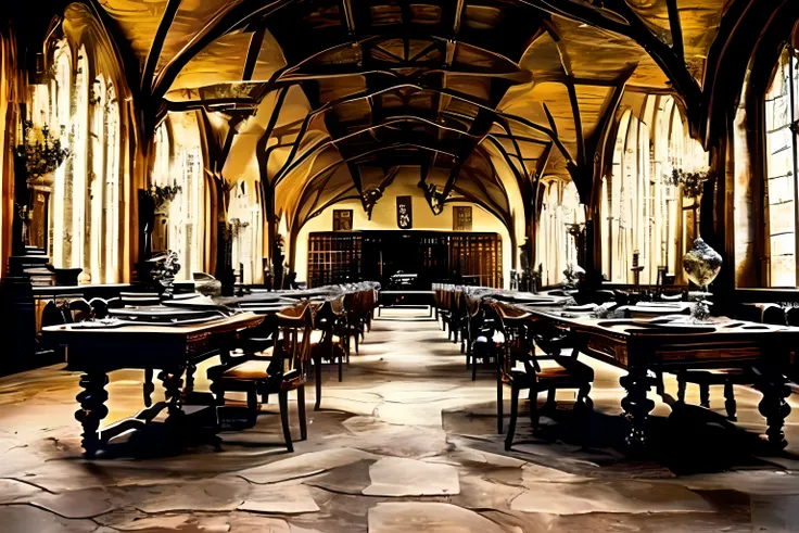 Harry Potters Great Classroom of Magic，Ancient and mysterious，photorealestic，high-class，Old tables and chairs，A breath of magic，spacious，