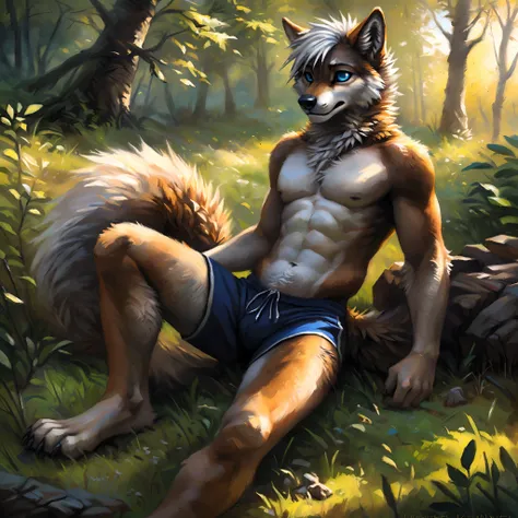 ((Solo)), male people, anthro wolf, (Multi-colored fur, White-brown:1.3), ((Wolf face, White hair, Big eyes, White eyelids, Blue pupil, Slim:1.2) (Tough, Calm expression:1.2)), Abs, Slim, pinging)), (Correct anatomy), (Work shorts:1.1), (Contour bone:1.2),...