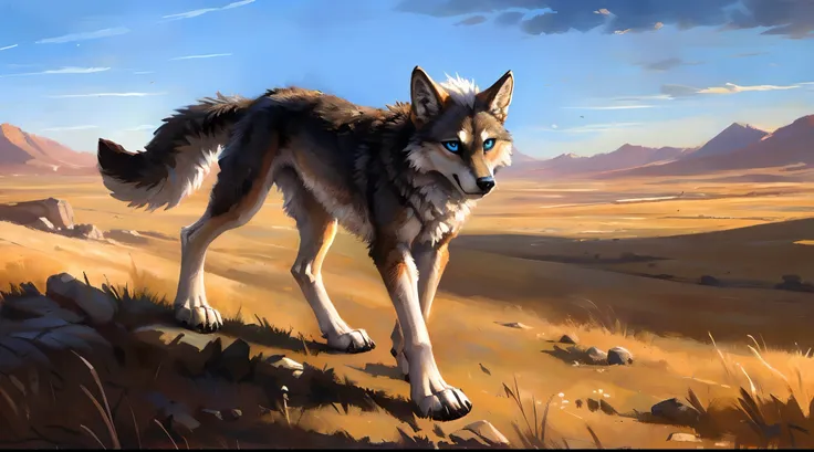 ((Solo)), male people, coyote, (Multi-colored fur, White-brown:1.3), ((Wolf face, White hair, Big eyes, White eyelids, Blue pupil, Slim:1.2) (Tough, Calm expression:1.2)), Abs, Slim, pinging)), (Correct anatomy), A big tail，Feet，Longer torso，Well-proportio...