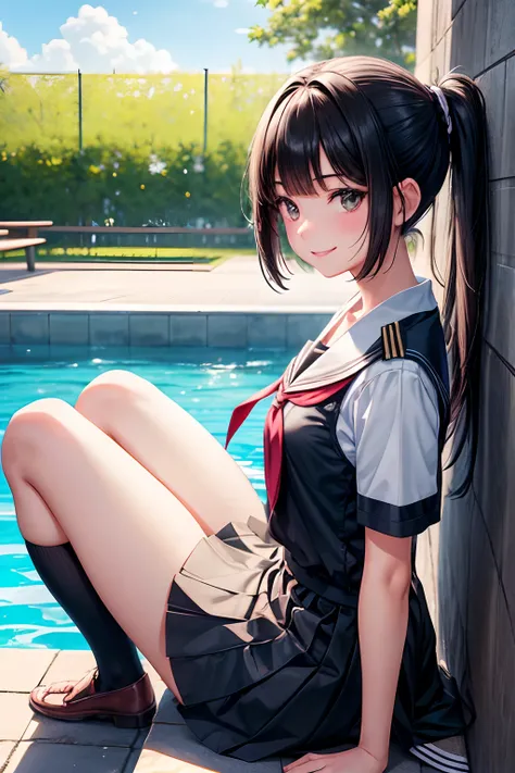 A lot of skin exposure, senior high school student, uniformed figure, hair behind ear, light smile, oral invitation, black hair, ponytail, In summer uniform, crossedlegs, twintails, expressive hair, bob cut, lone nape hair, anime, anime style, drop shadow,...