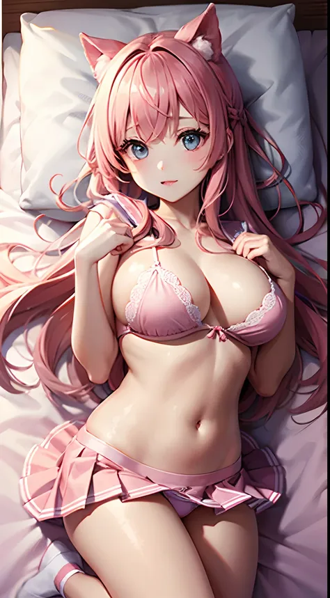 Beautiful illustration、top-quality、Cute little girl s、lying on her side，cleavage，Bedroom、A pink-haired、long whitr hair、(((Pink pleated skirt)))、(((Pink sailor suit)))、short- sleeved、huge tit、a navel、Flipping up her skirt with her hands、showing white pantie...