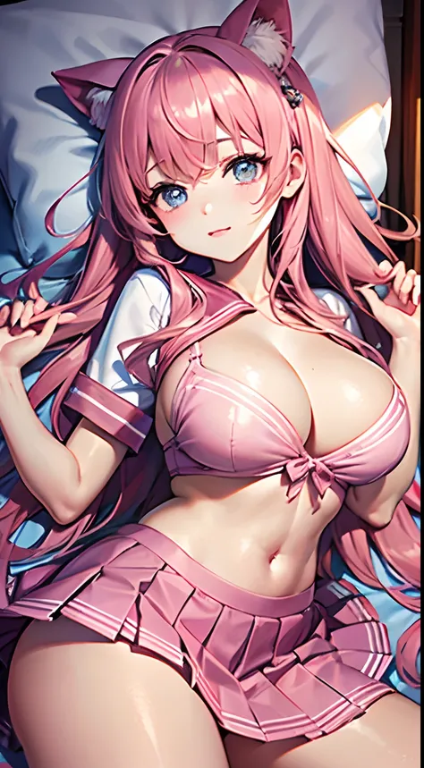 Beautiful illustration、top-quality、Cute little girl s、lying on her side，cleavage，Bedroom、A pink-haired、long whitr hair、(((Pink pleated skirt)))、(((Pink sailor suit)))、short- sleeved、huge tit、a navel、Bare legged、eBlue eyes、on top of the bed、Lovely thighs、gl...