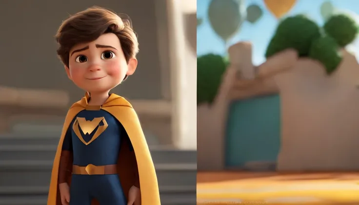 a happy cute kid standing short hair, olhando para mim,wearing a superhero costume, , fundo branco, barnet, tom, Estilo Pixar, ..3d, desenhos animados, rosto detalhado, asymmetrical 16k