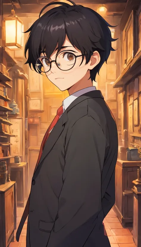 16 yaers old，Libido boy，Shota，Black color hair，wears glasses，Square frame glasses，gloomily，Contemplative，black black jacket，White color blouse，Short long hair，with long bangs，messed up hair，Without background，sketching