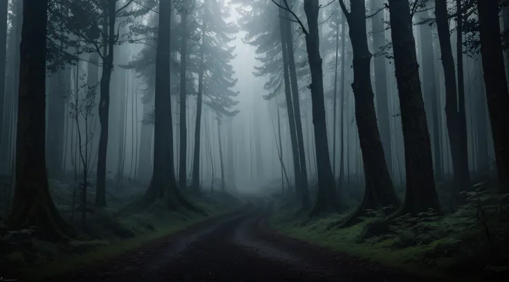 unsetting forest landscape,hidden dangers,ontrailing foggy path,sinister shadows,ominous silence,dense,overgrown trees,menacing presence,uneasy atmosphere,twisted branches,ominous sky,mysterious figures lurking,foreboding mood,narrow winding trails,misty d...