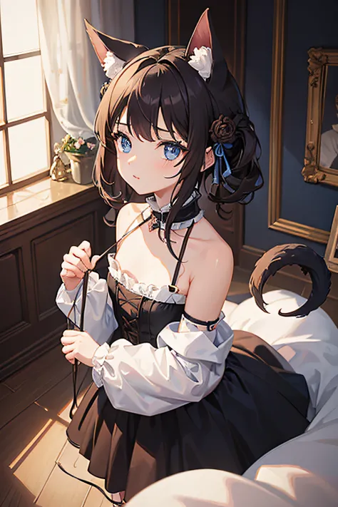 (Masterpiece, Best Quality,without extra limbs),A  girl,dog ears and fluffy tail,blue eyes,medium-length brown hair,child,Gothic dress,bedroom in the background,cuteface