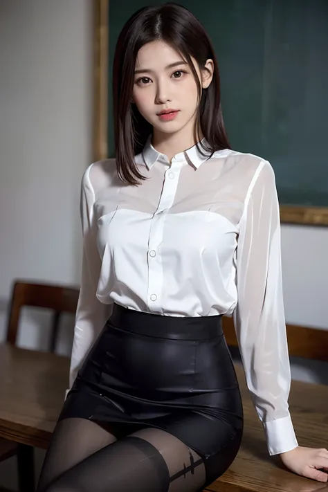 Elite teacher of ultra-thin fabric see-through silk blouse for photo, Wearing a strict see-through silk blouse, Skirt and thighs、(Wearing pantyhose、Ultra-realistic pantyhose), game_nffsw, NSFW,in a strict suit, sophisticated gravure idol, goddess of Japan,...