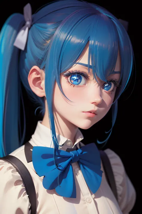 a close up of a cartoon character with blue hair and a bow tie, anime moe artstyle, sona is a slender, twintails, mikudayo, loli, ahegao, ahegao face, 2 d anime style, vivy, miku, stylized anime, chibi, anime stylized, discord profile picture