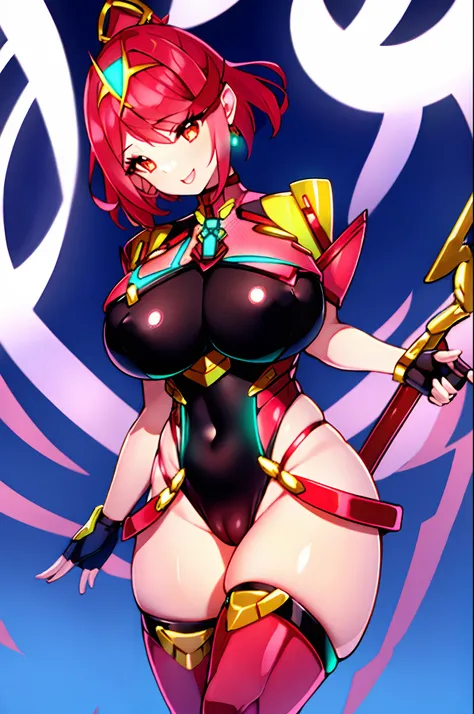 pyra (xenoblade), teen_1girl, loli, bangs, black gloves, breasts, red eyes, shout, earrings, eyelashes, fingerless gloves, floating hair, , gem, gloves, hair ornament, headpiece, jewelry, gigantic_breasts, leaning back, swimsuit, neon trim, official art, p...