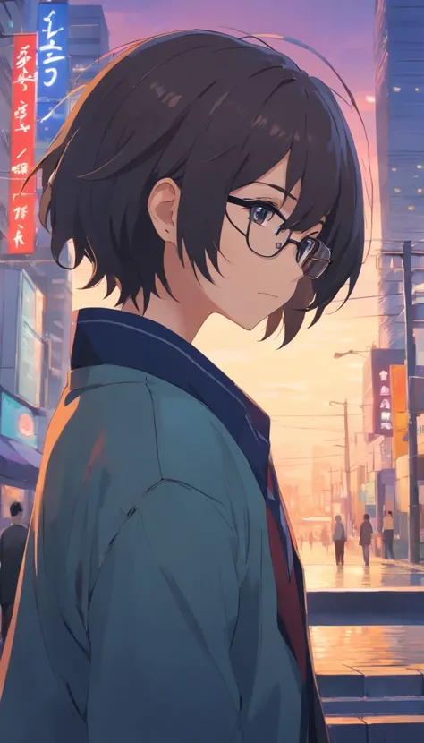 16 yaers old，Libido boy，Shota，male people，Black color hair，Square glasses，apathy，black black jacket，White color blouse，Short long hair，with long bangs，messed up hair，Without background，sketching，urban backdrop，modern day，No chest