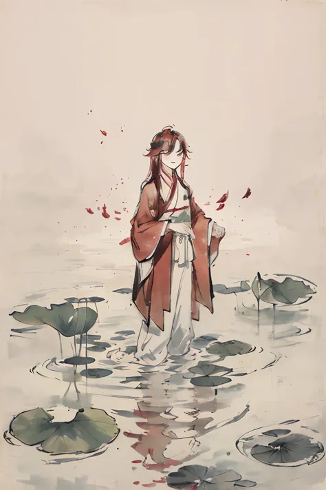 ((4k,masterpiece,best quality)), traditional chinese ink painting, lotus, hanfu, maxiskit, dress conservatively 1boy, solo, long red hair, smile, standing, feet in the water, barefoot,