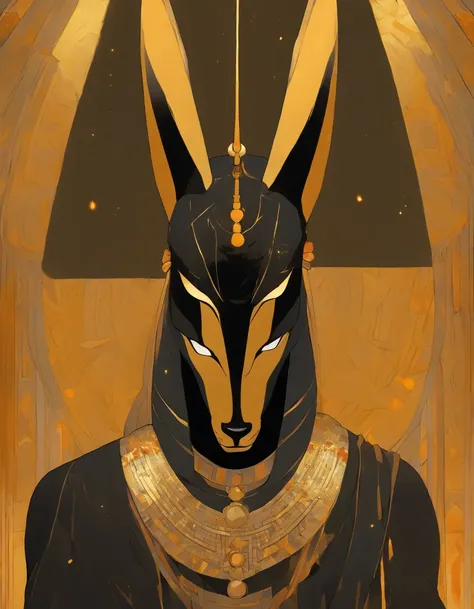 A dark and moody portrait of Anubis, the Egyptian god of death, with golden tears, facing straight towards the viewer. His face is detailed and intricate, in the style of Hilma af Klint, bold colors. The background is shadowy and subtle, making the focus o...