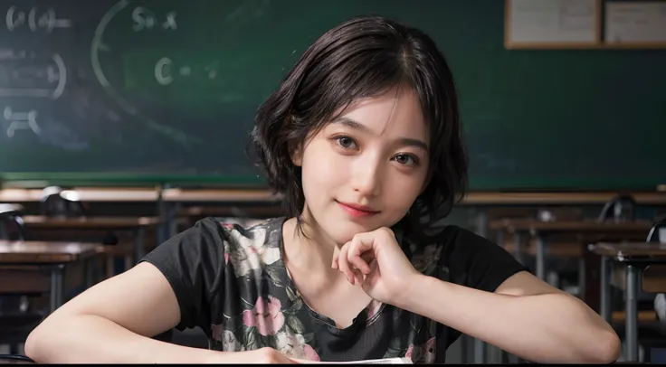 (((Black Shorthair:1.2))),  (a 20 yo woman), (T-shirt design), (Floral clothing), (Breast bulge),((Being in the physics classroom)),  (A hyper-realistic), (Relaxed), (Increased resolution), (8KUHD), (Extremely detailed), (Best Illustration), (Beautiful and...