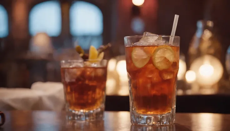 a drink at a table in classic vintage restaurant very elegant jazz style 8k cinematic neon lights in the background